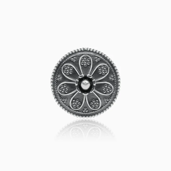 classic rings for women-Oxidised Silver Flower Shield Ring