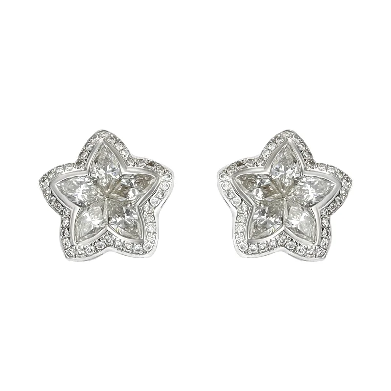 luxury gold earrings for women-18K WHITE GOLD 80 FULL CUT AND 10 MARQUISE DIAMONDS=2.10CTS STAR STUD EARRINGS