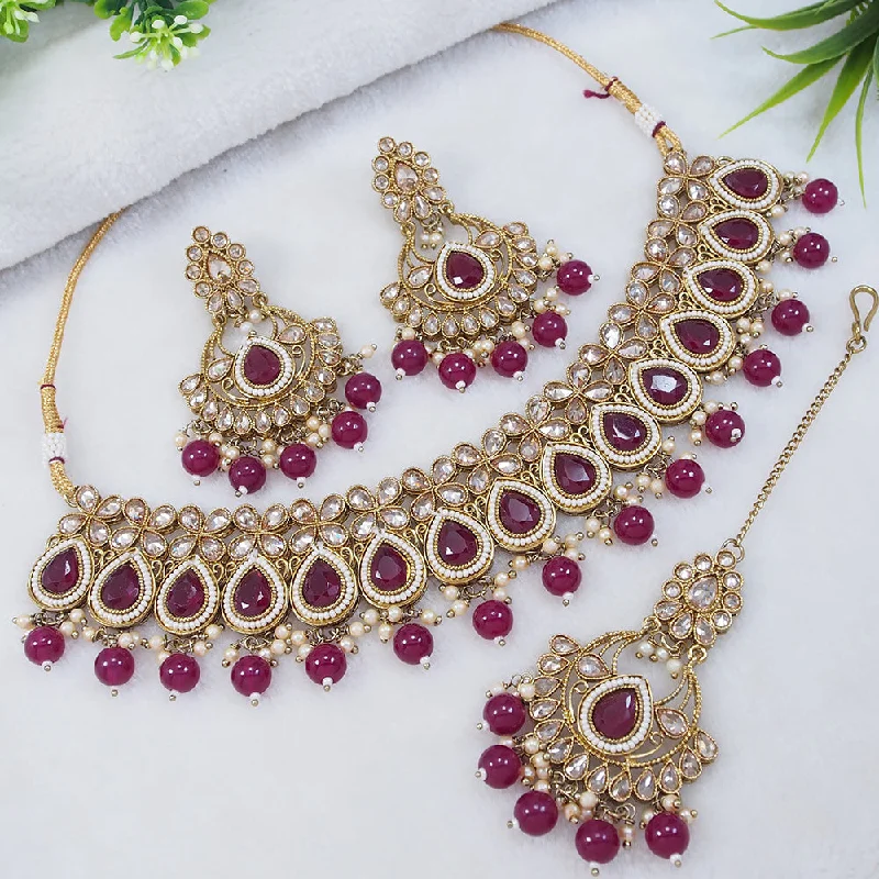 engraved necklaces for women-LALSO Designer Mehendi Gold plated AD/Zircon Work Necklace Jewelry Set With Maangtika