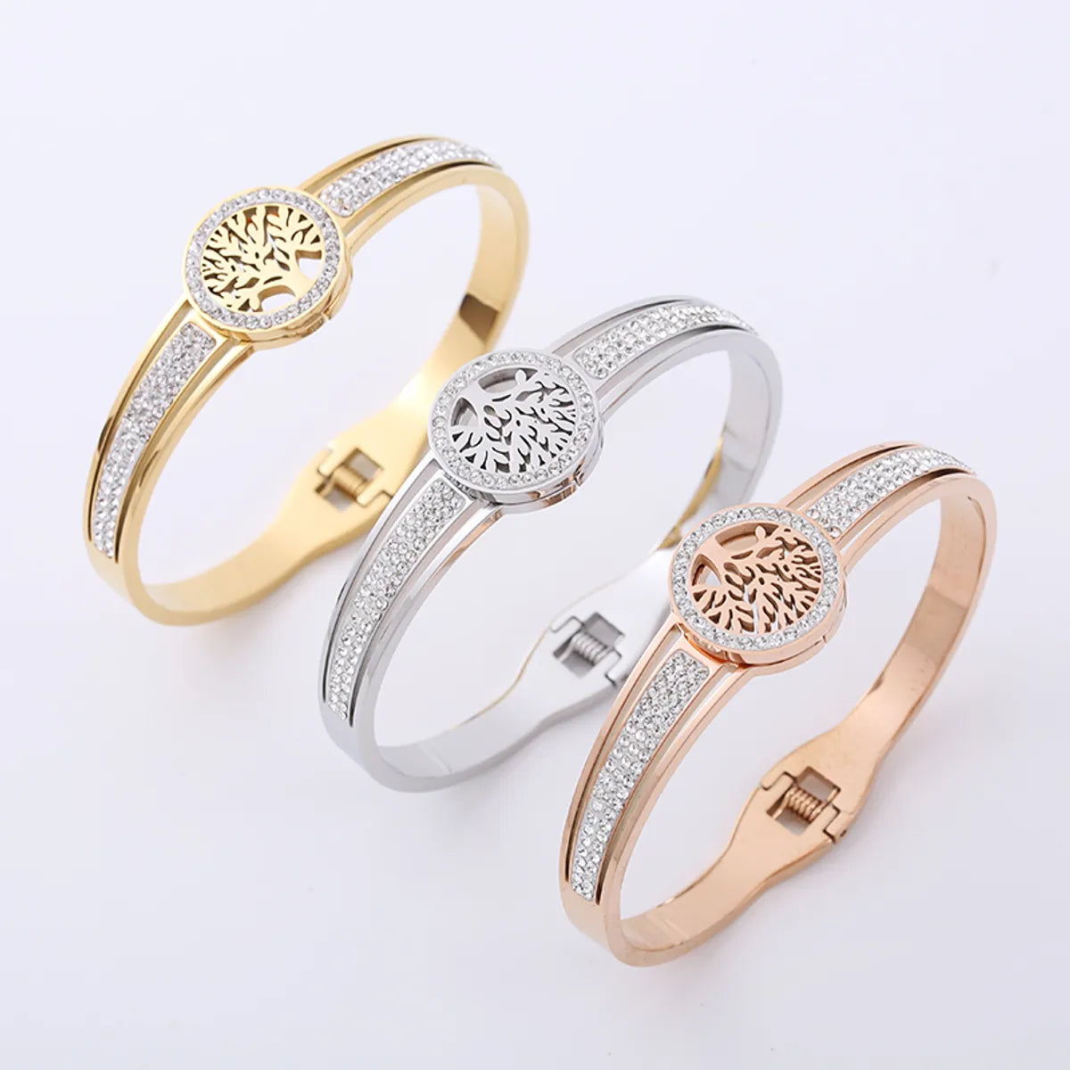 minimalist bracelets for women-Fashion Tree Stainless Steel Hollow Out Rhinestones Bangle