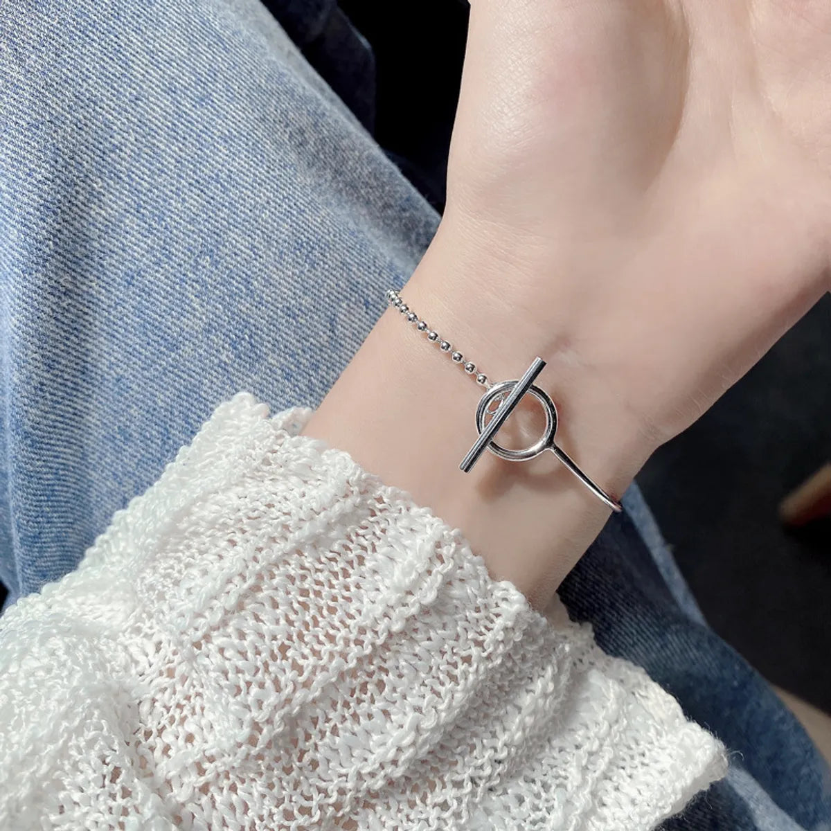 geometric bracelets for women-Korean Style Geometric Sterling Silver Bracelets