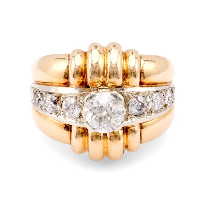 boho rings for women-Retro French Diamond 18K Yellow Gold Tank Ring