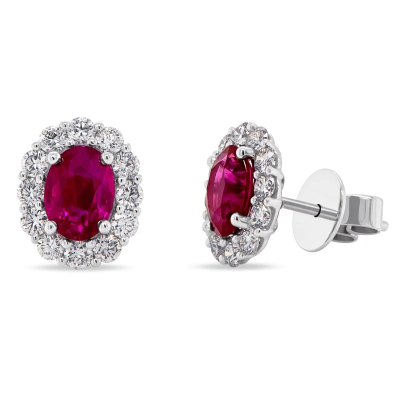 delicate earrings for women-24 0.80ct Round Diamonds and 2 1.53ct Oval Ruby earrings in 18K White Gold