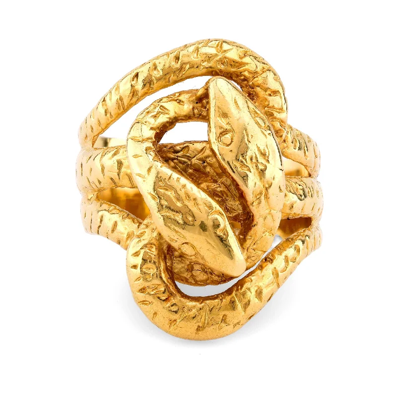 boho rings for women-Vintage 18K Yellow Gold Double Snake Ring