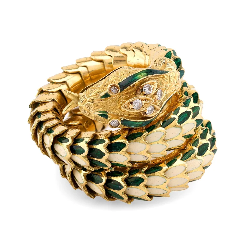 chunky rings for women-Vintage Italian Diamond 18K Gold Green and White Enamel Chunky Snake Wrap Ring