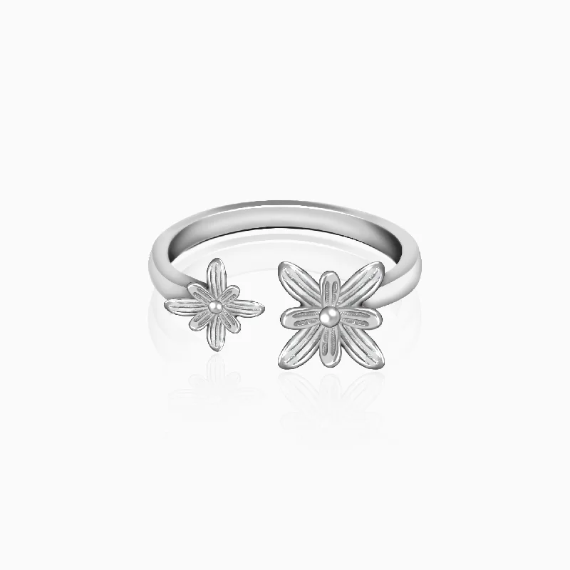 personalized name rings for women-Silver Dual Blooming Flower Ring