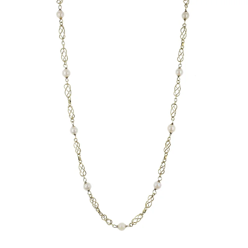 classic pearl necklaces for women-14K Yellow Gold Freshwater Pearl and Link Necklace