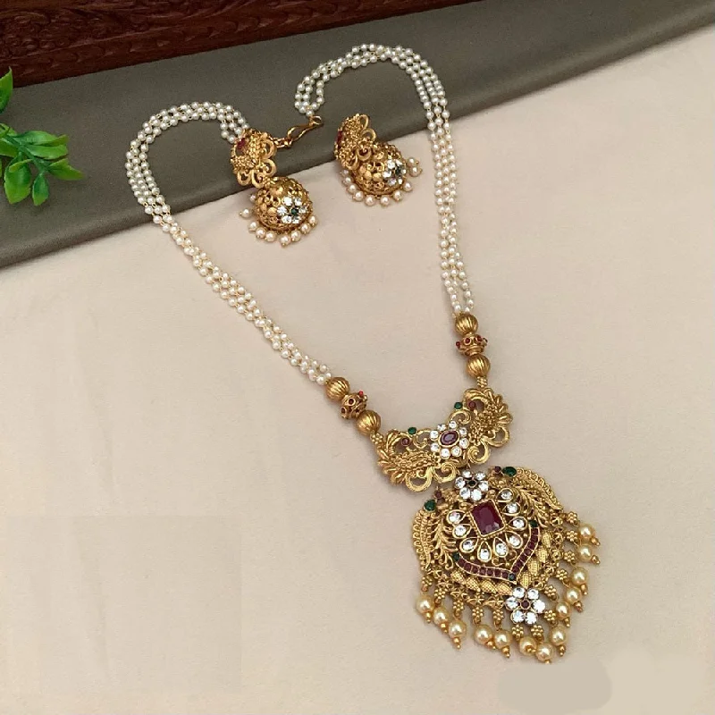 vintage style necklaces for women-India Art Gold Plated Pearl Necklace Set