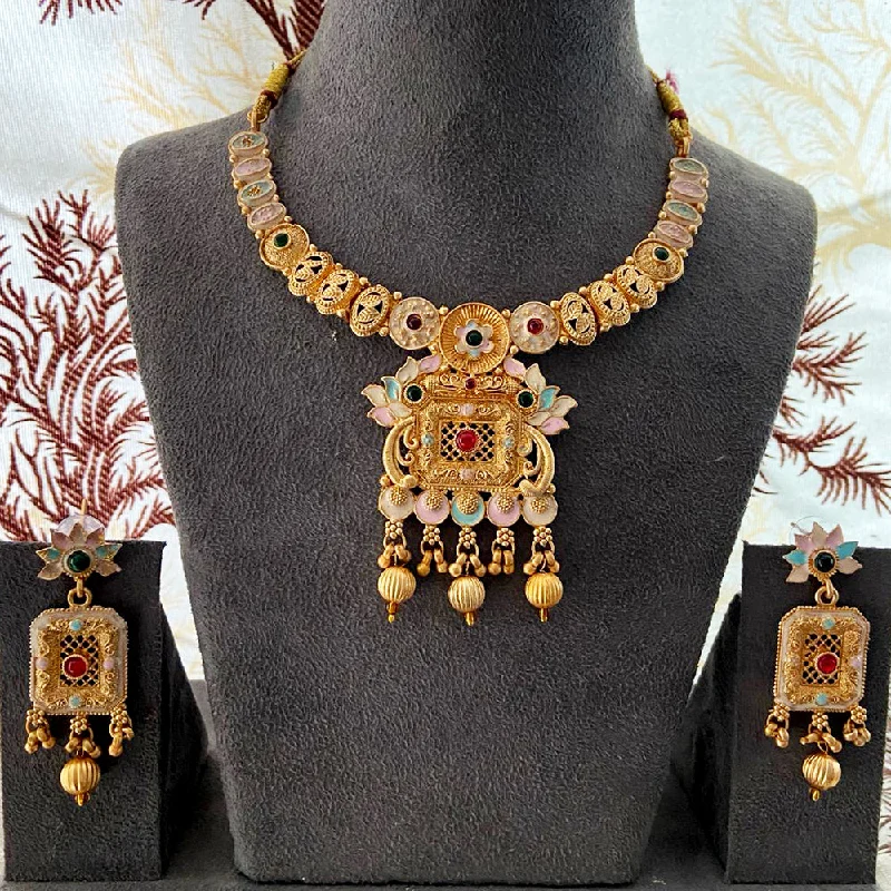 vintage style necklaces for women-India Art Gold Plated Pota Stone And Beads Necklace Set