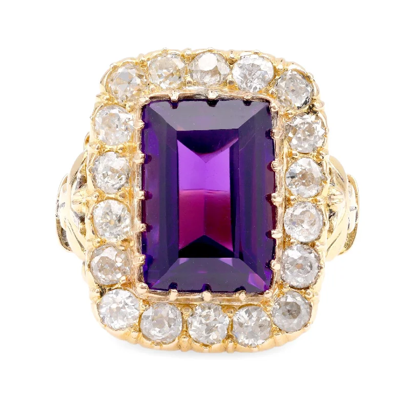 geometric gemstone rings for women-Antique 7.5 Carat Emerald Cut Amethyst Diamond 18K Yellow Gold Cocktail Ring