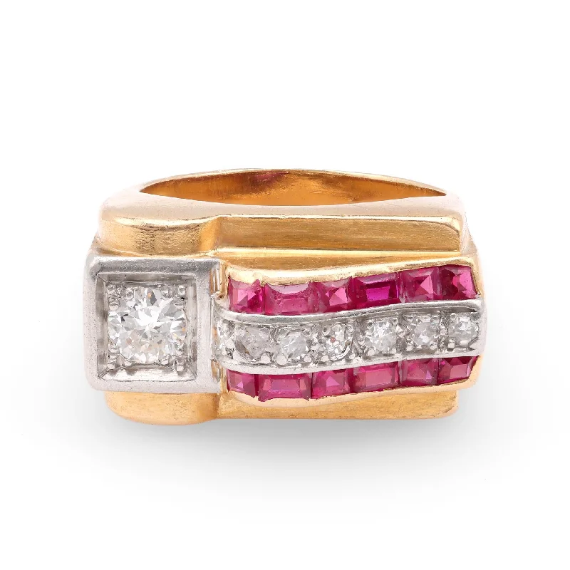 classic rings for women-Retro French 0.25 Carat Old European Diamond and Ruby 18k Yellow Gold Tank Ring