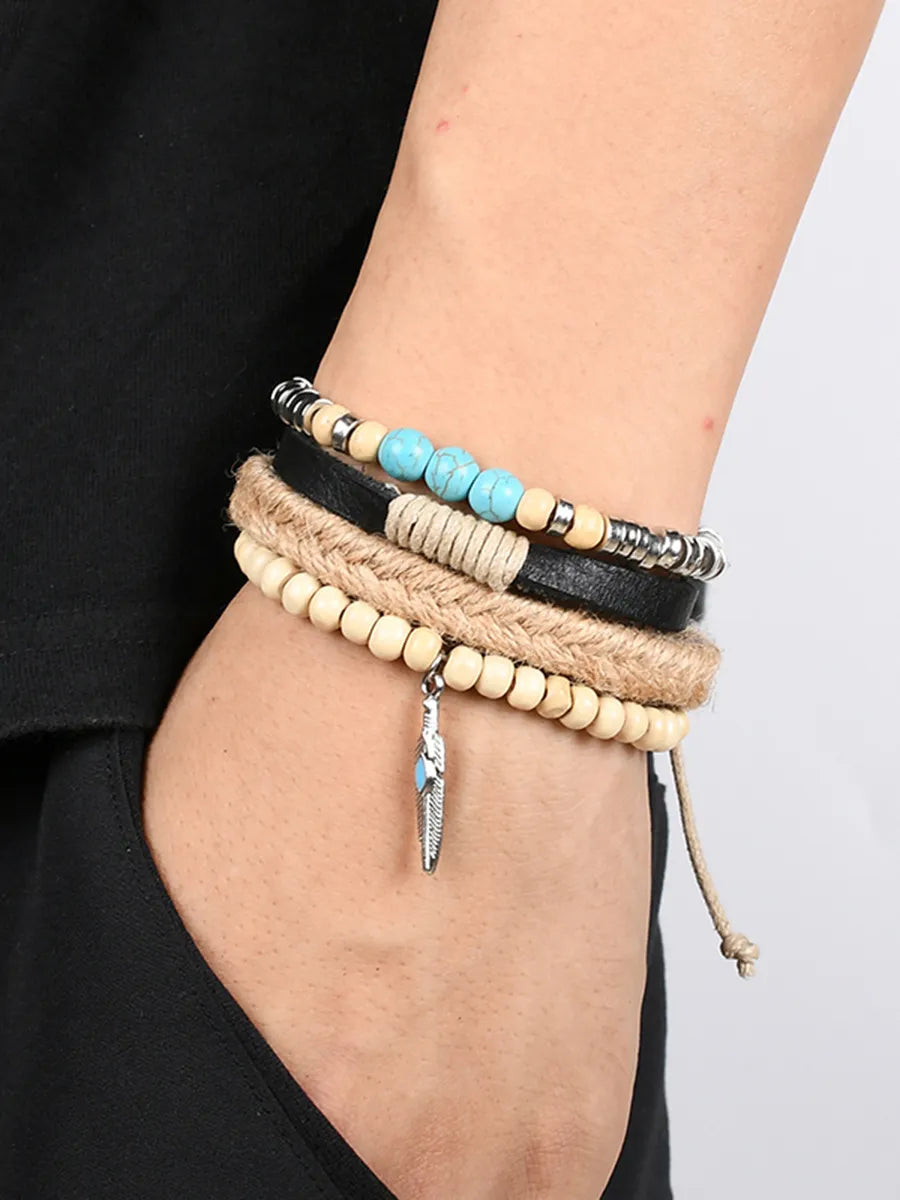 adjustable bangles for women-Ethnic Style Feather Pu Leather Cloth Turquoise Beaded Men'S Bracelets