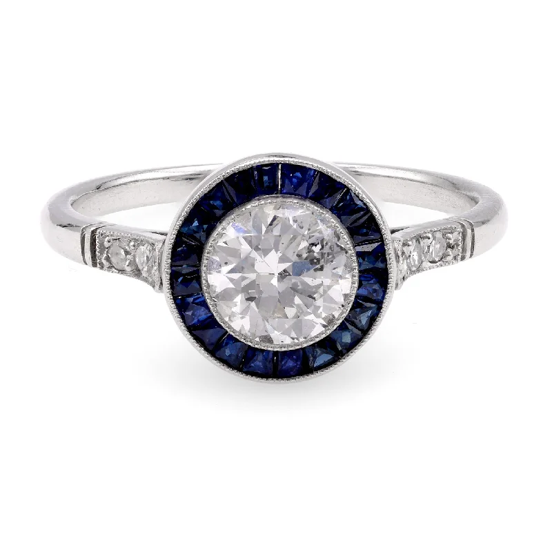 unique rings for women-Art Deco Inspired 0.81 Carat Diamond Sapphire Platinum Target Ring