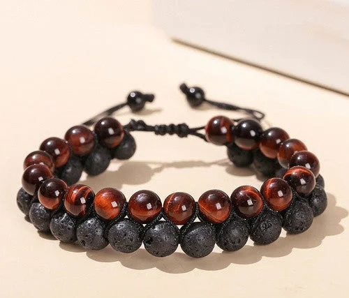 1a Natural Red Tigereye Volcanic Rock Woven Double-Layer Bracelet