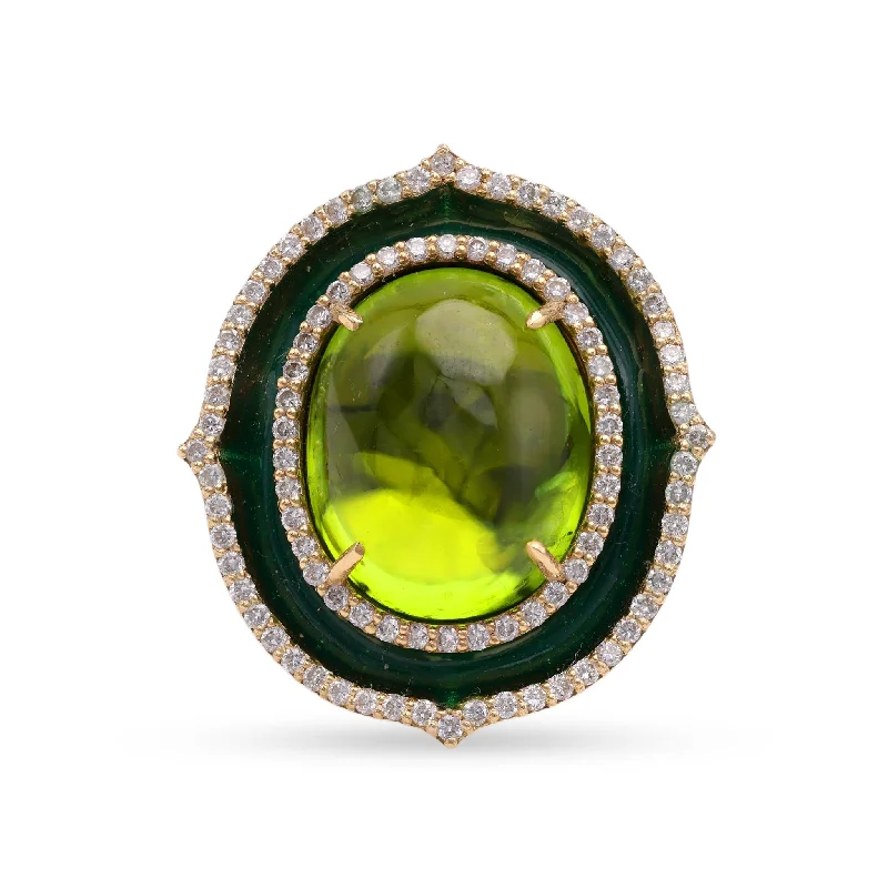 square rings for women-Hubert Peridot Diamond Enamel Yellow Gold Cocktail Ring