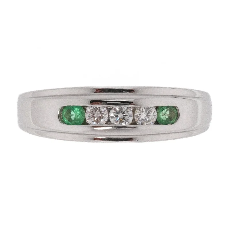 vintage engagement rings with colored gems for women-0.21ctw Diamond Accented w/ 0.09ctw Emerald Accents Wedding Band in 14K White Gold