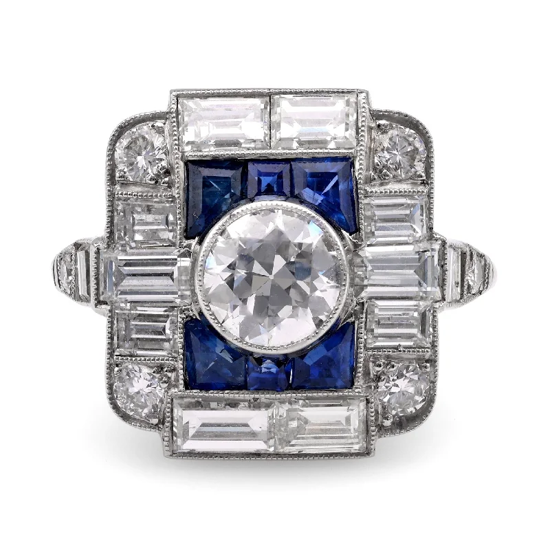 chunky gold rings for women-Art Deco Inspired .89 Carat Diamond Sapphire Platinum Cocktail Ring