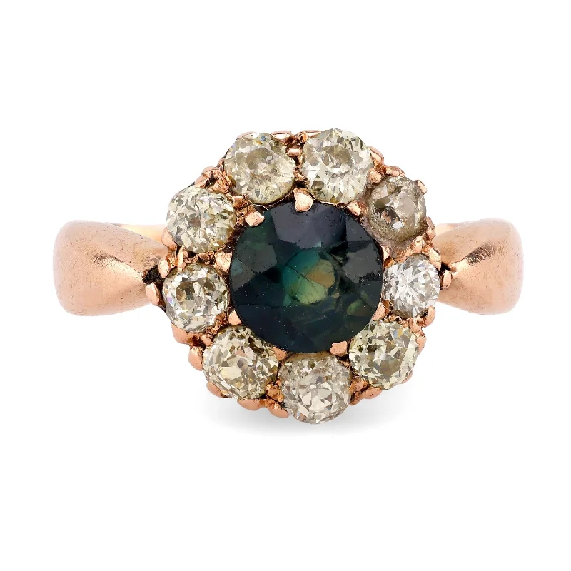 open rings for women-Victorian Sapphire Diamond 18K Rose Gold Cluster Ring