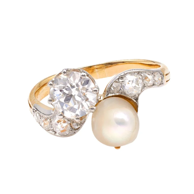 luxury diamond rings for women-Belle Époque French GIA 0.82 Carat Diamond and Pearl Toi et Moi 18k Yellow Gold