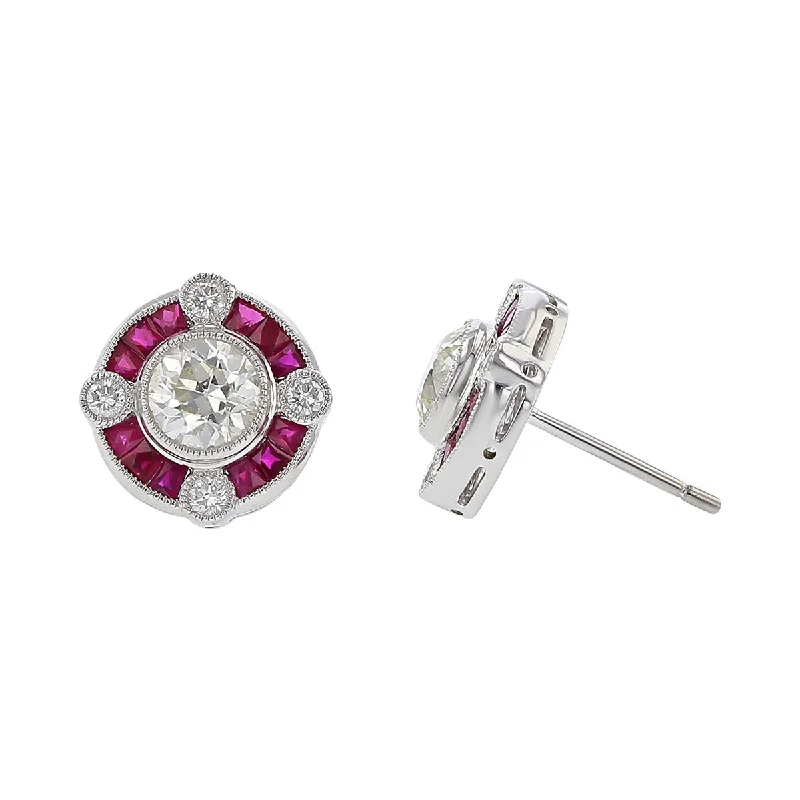 luxury diamond earrings for women-Platinum Diamond and Ruby Halo Stud Earrings