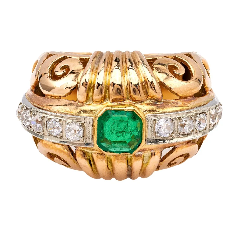 emerald rings for women-Retro French Emerald and Diamond 18k Rose Gold Platinum Dome Ring