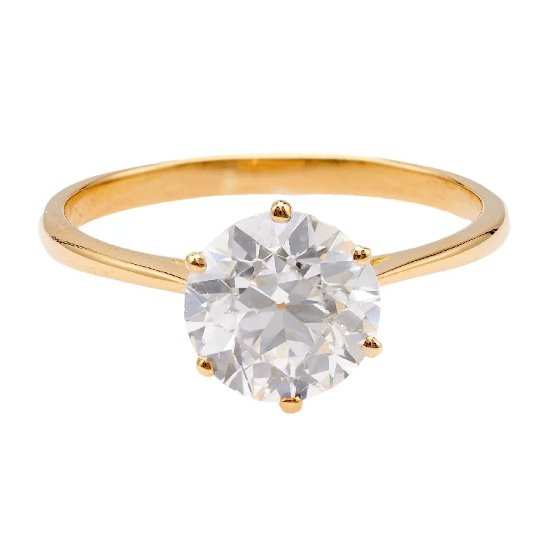 rose gold rings for women-Vintage French GIA 2.12 Carat Old European Cut Diamond 18k Yellow Gold Solitaire