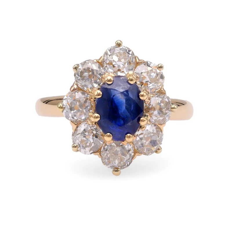 geometric gemstone rings for women-Edwardian GIA 1.41 Carats Kashmir No Heat Sapphire Diamond 18k Gold Cluster Ring