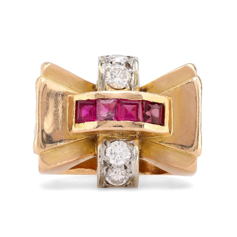 adjustable gemstone rings for women-Retro Ruby Diamond 18K Yellow Gold Tank Ring