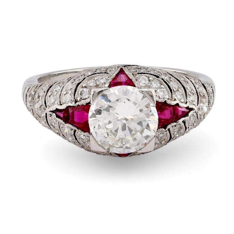 oval rings for women-Art Deco Inspired 1.03 Carat Round Brilliant Cut Diamond Ruby Platinum Ring