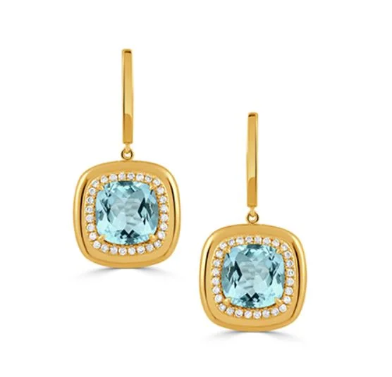 gold earrings for brides-Sky Blue 5.77Ct Blue Topaz and 0.27Ct Diamond Halo Drop Earrings in 18k Yellow Gold