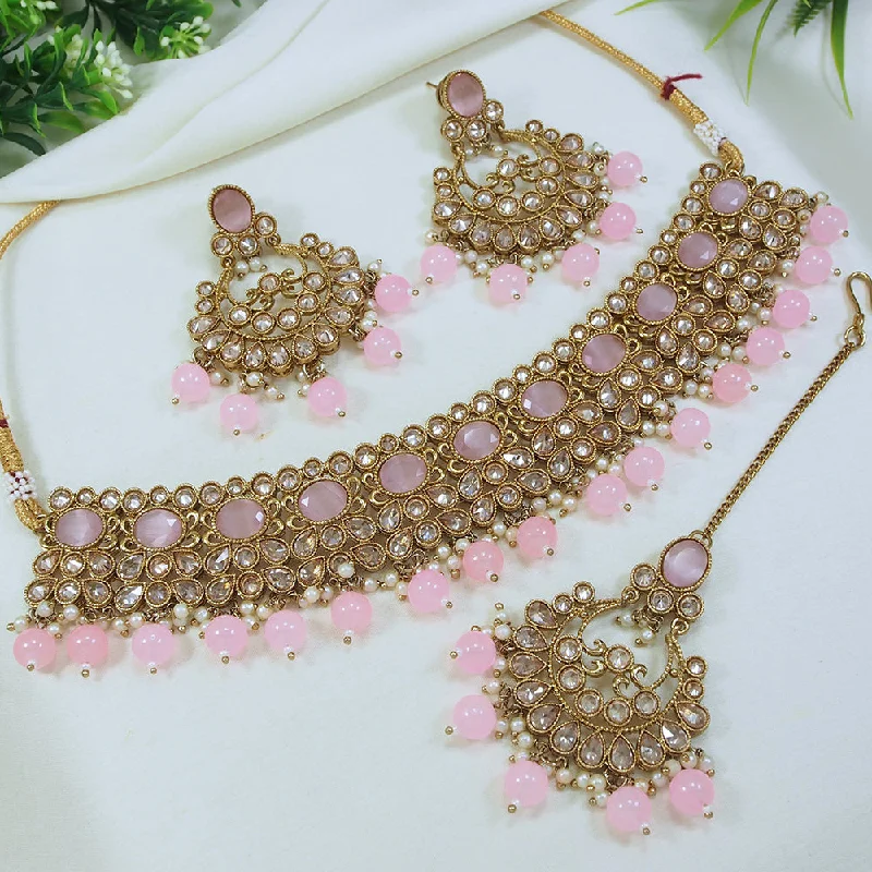 minimalist necklaces for women-LALSO Stunning Mehendi Gold plated AD/Zircon Work Necklace Jewelry Set With Maangtika