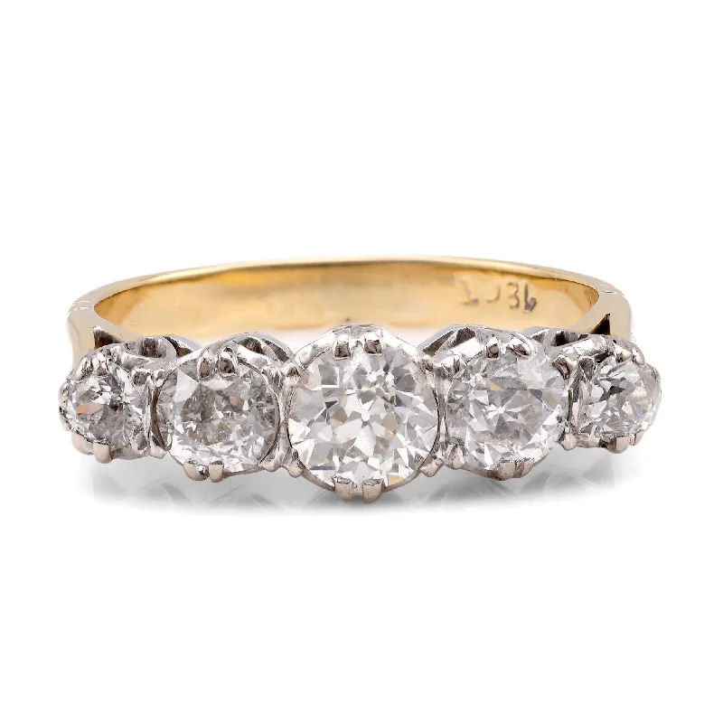 luxury wedding rings for women-Edwardian Diamond 18K Yellow and White Gold Five Stone Band