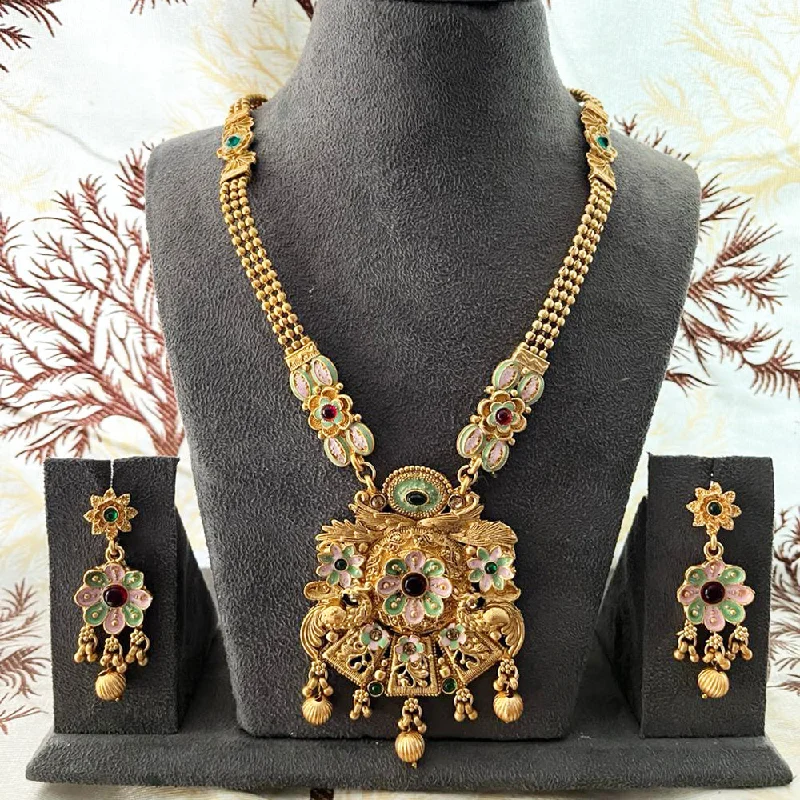 fashion statement necklaces for women-India Art Gold Plated Pota Stone And Beads Necklace Set