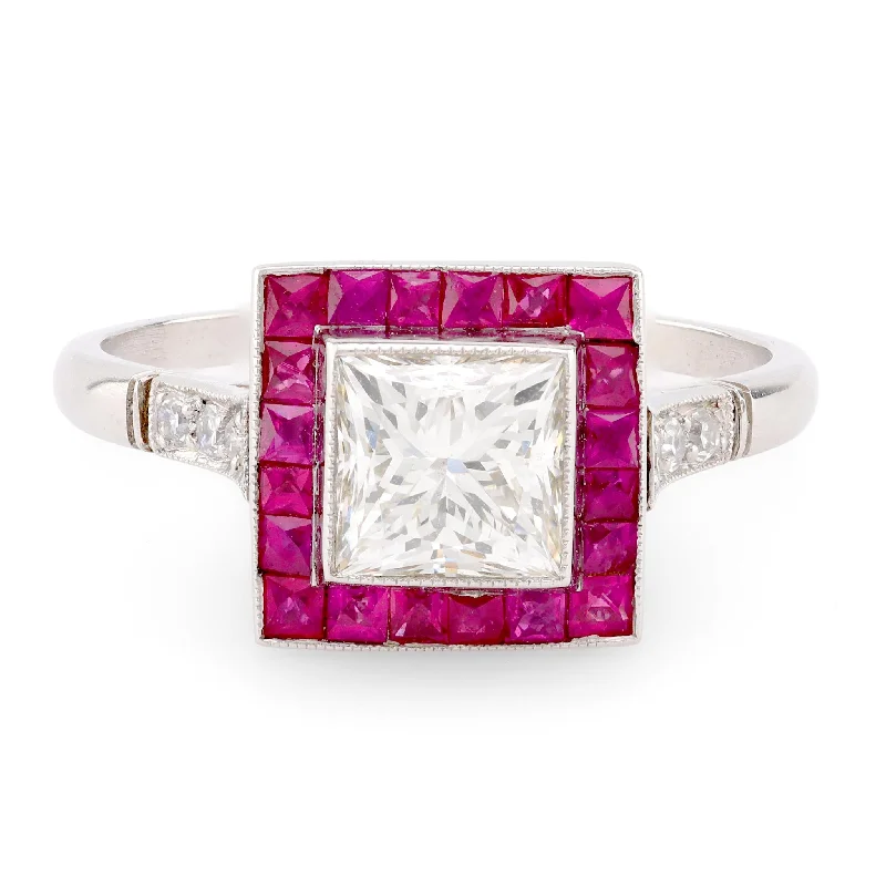 retro rings for women-Art Deco Style Diamond Ruby Platinum Square Halo Ring