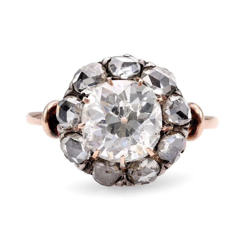 gothic rings for women-Antique Style 1.74 Carat Old Mine Diamond 18K Rose Gold Silver Cluster Ring