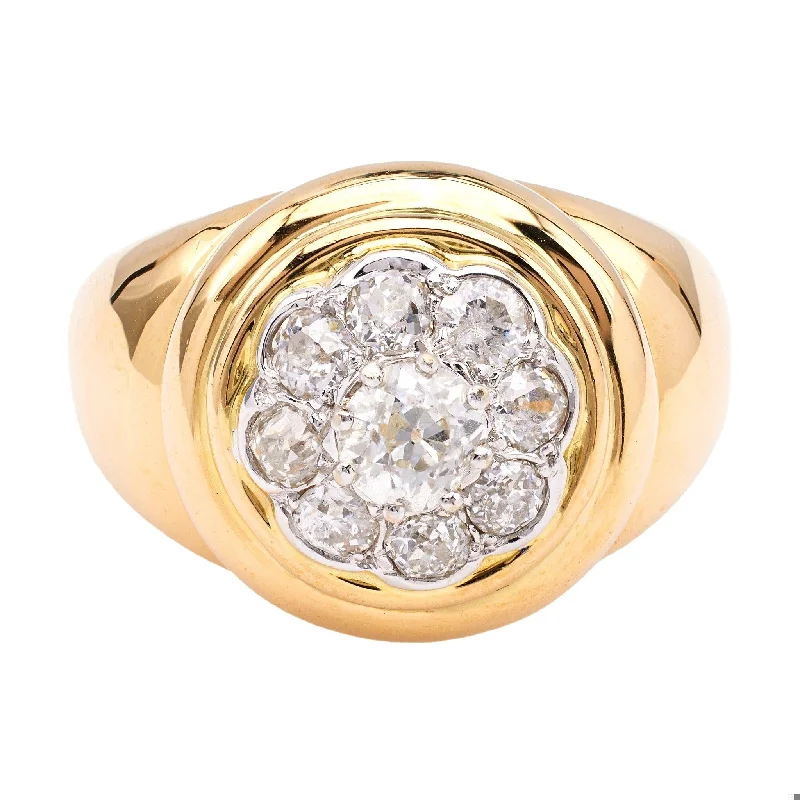 flower rings for women-Vintage French Diamond 18k Two Tone Gold Cluster Ring