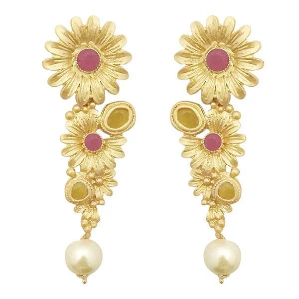 statement drop earrings for women-Kriaa Pink Pota Stone Gold Plated Floral Dangler Earrings