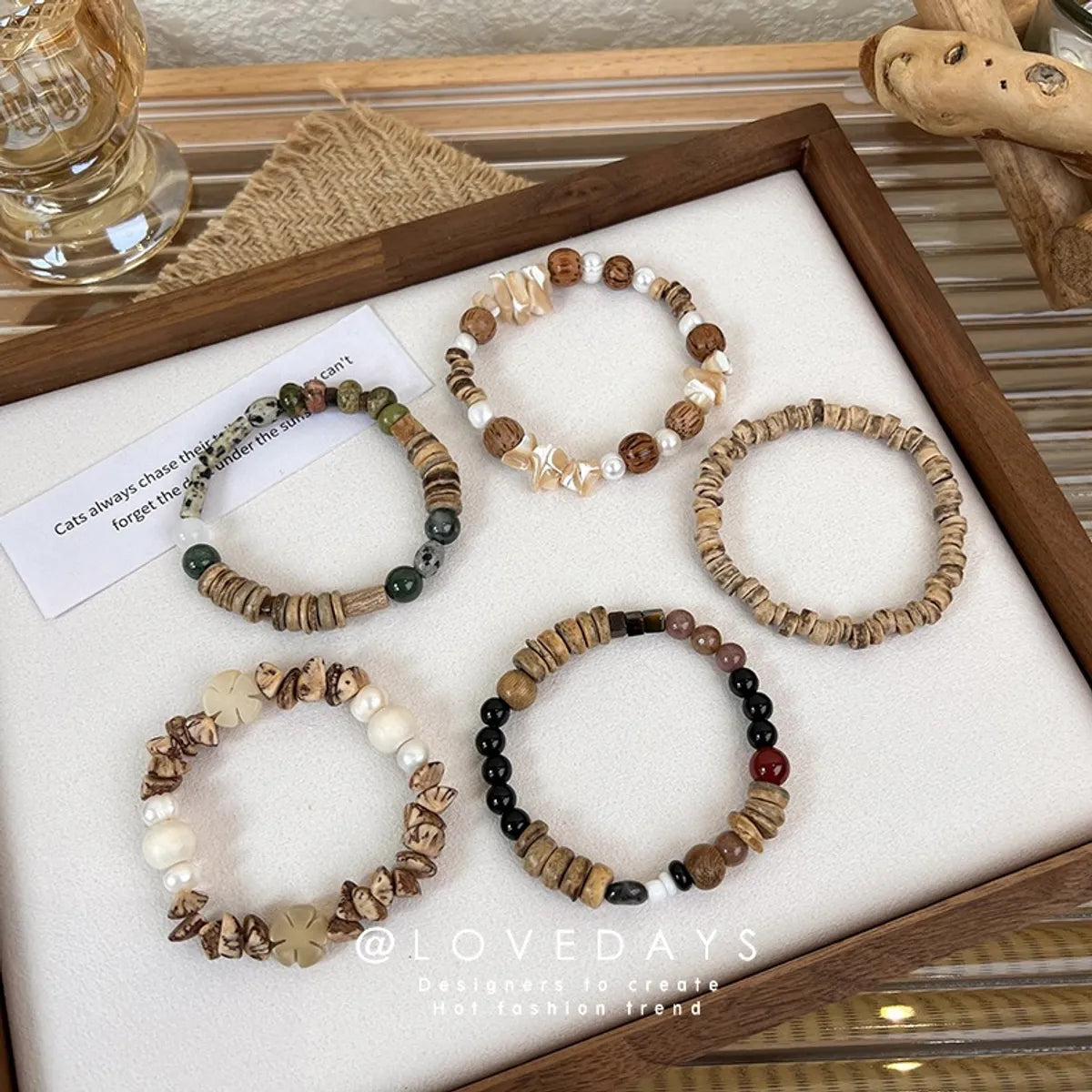 statement bangles for women-1 Piece Chinoiserie Round Wood Beaded Women's Bracelets