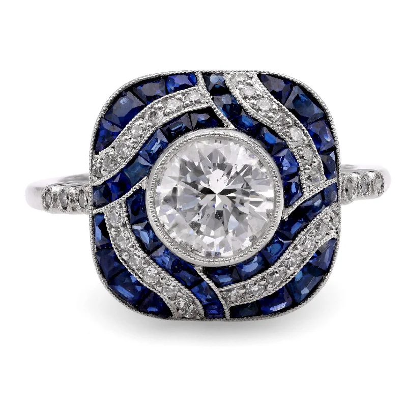 oval rings for women-Art Deco Inspired Diamond Sapphire Platinum Ring