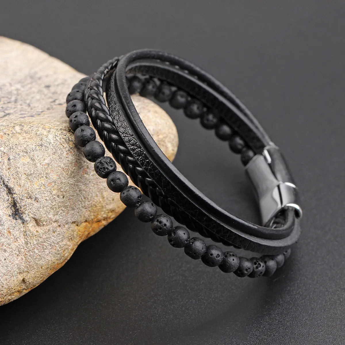 luxury bangles for women-Hip-Hop Solid Color Stainless Steel Pu Leather Volcanic Rock Braid Men'S Bracelets