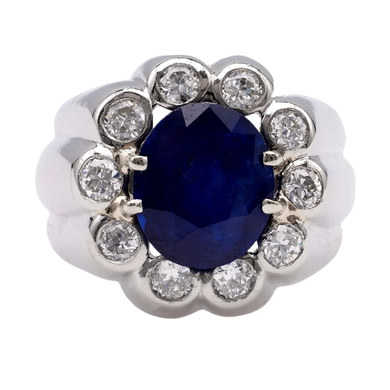 platinum rings for women-Mid-Century French Sapphire and Diamond Platinum Ring