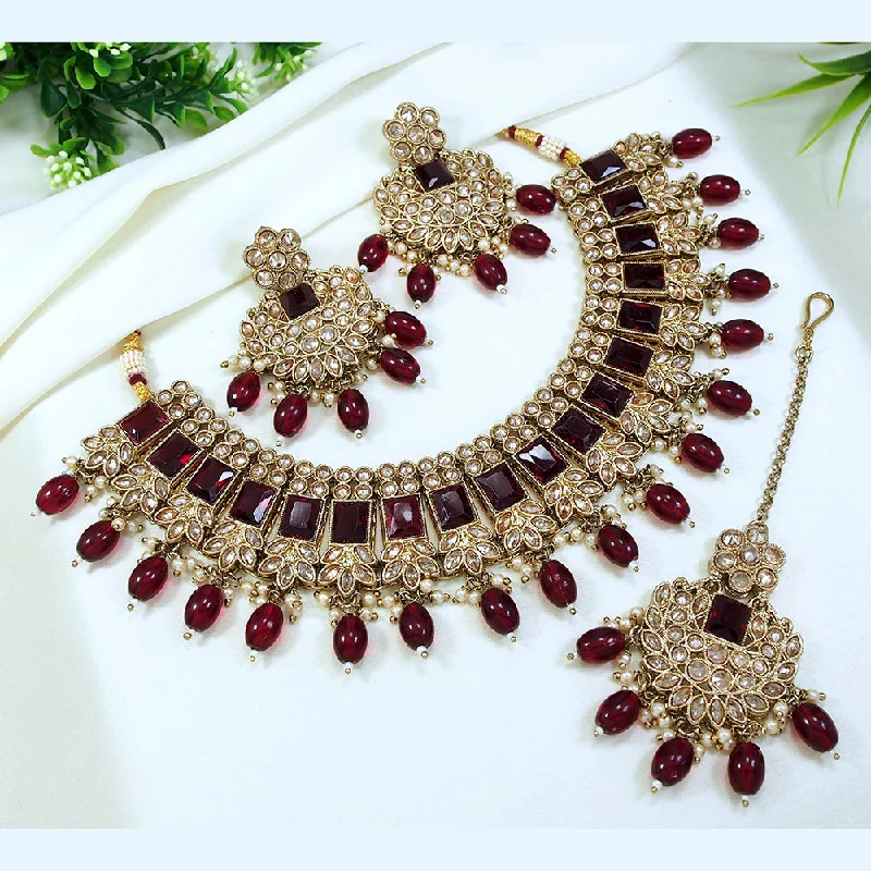 wedding necklace sets for women-LALSO Gold plated Zircon Work Necklace Jewelry Set With Maangtika