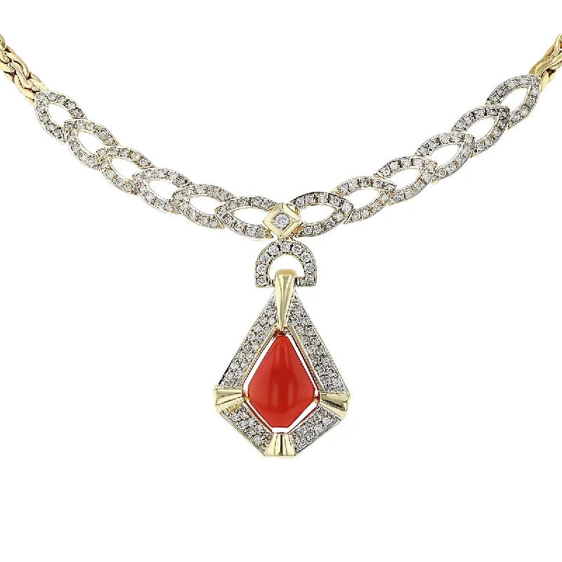 romantic gemstone necklaces for women-14K Yellow Gold Cabochon Coral and Diamond Necklace