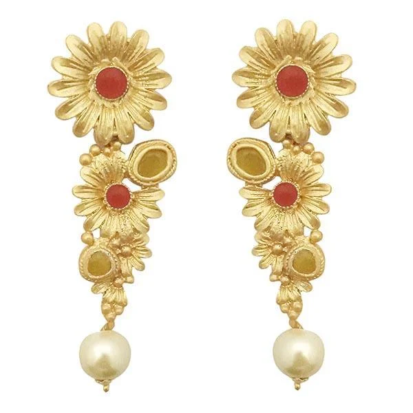 personalized earrings for women-Kriaa Red Pota Stone Gold Plated Floral Pearl Dangler Earrings - 1313109F