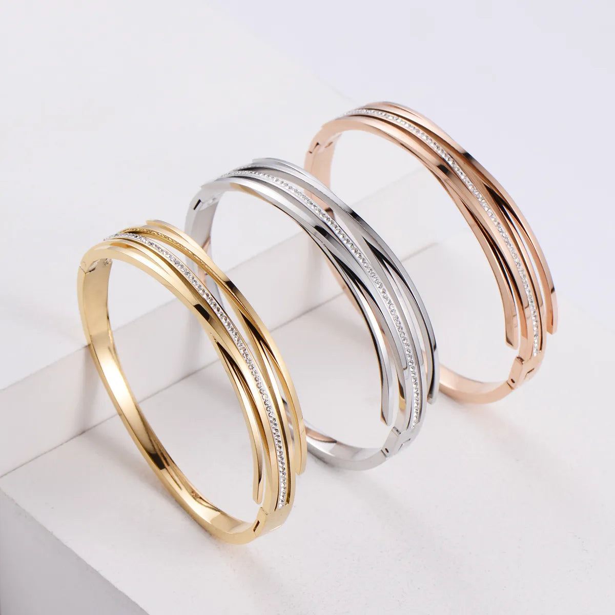 statement bracelets for women-Korean Simple Stainless Steel Striped Three-color Rhinestone Bracelet Wholesale Gooddiy