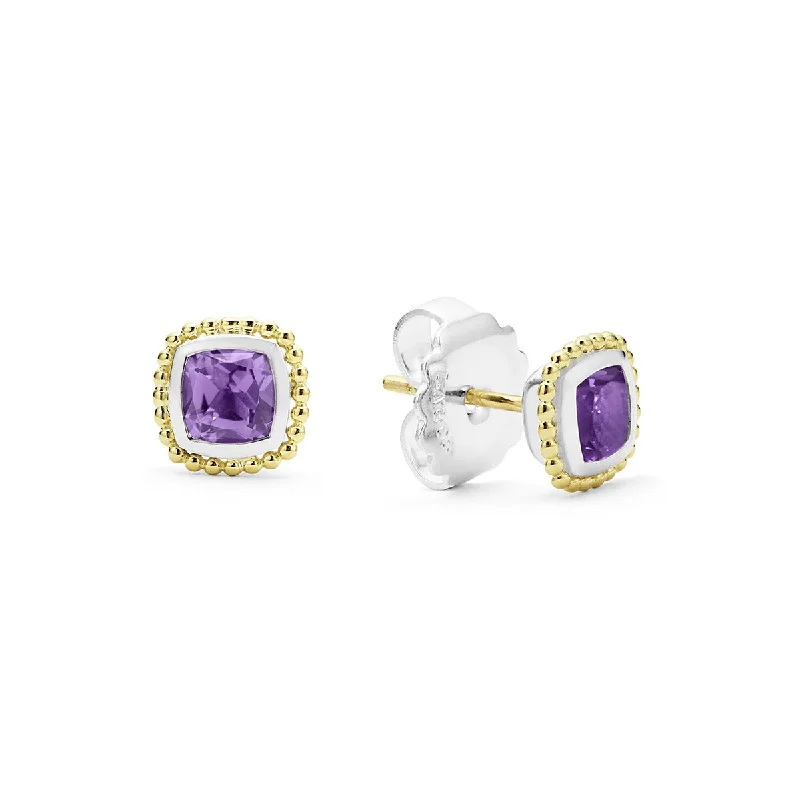 drop earrings for women-Rittenhouse Cushion Amethyst Stud Earrings in Sterling Silver and 18K Yellow Gold, 7mm