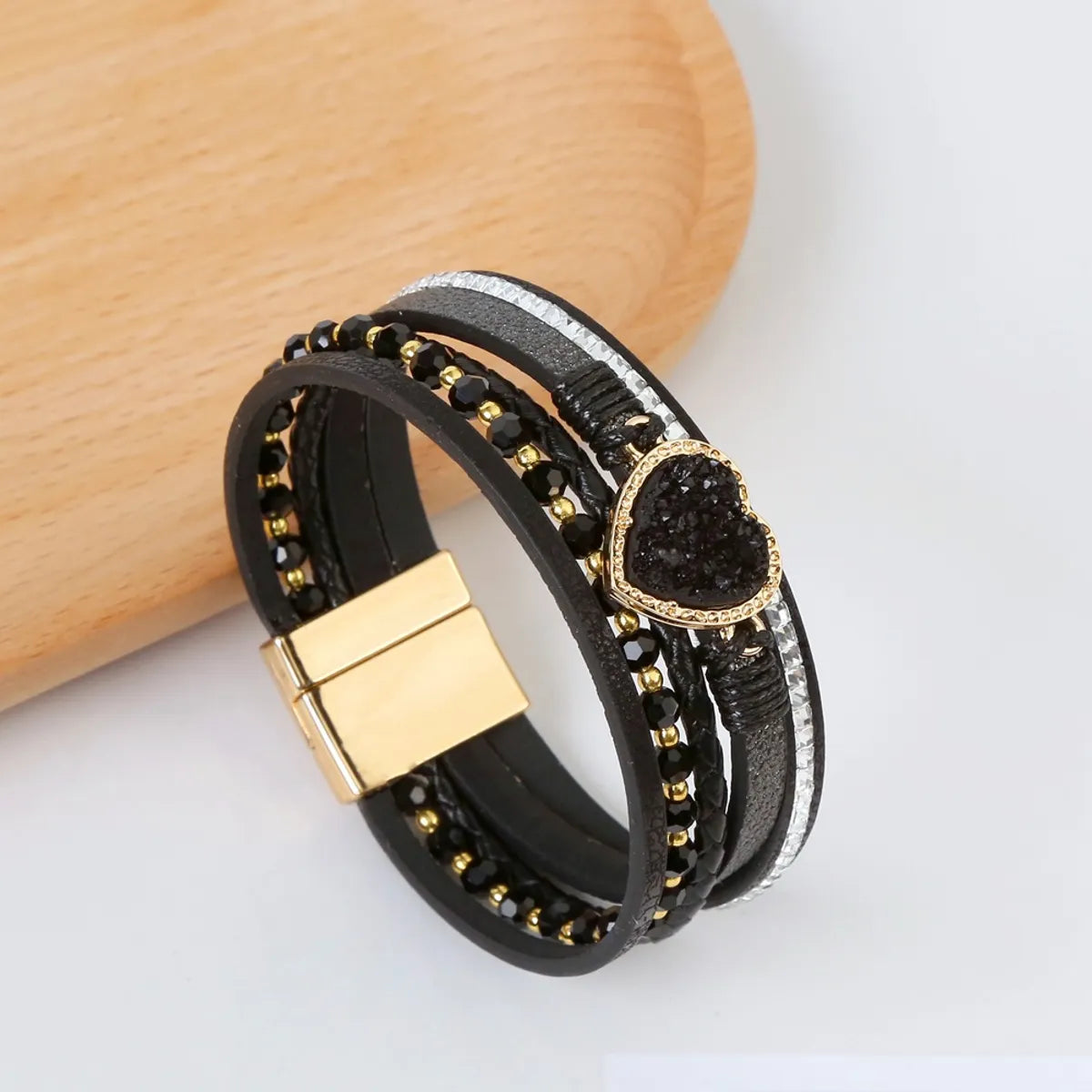 chunky bracelets for women-Wholesale Jewelry Elegant Princess Simple Style Heart Shape Pu Leather Alloy Artificial Gemstones Handmade Inlay Bangle