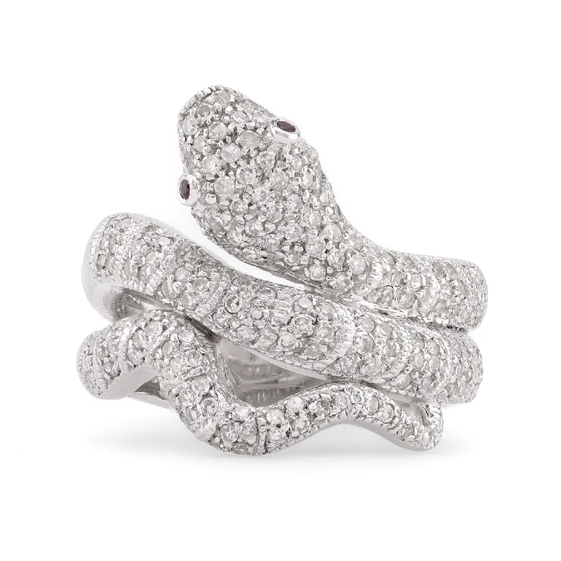 diamond wedding bands for women-Modern Diamond Ruby 18K White Gold Snake Ring