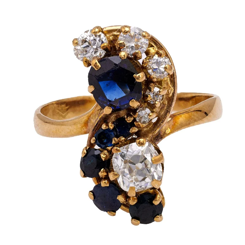 vintage engagement rings for women-Belle Époque French Diamond and Sapphire 18k Yellow Gold Toi et Moi Ring