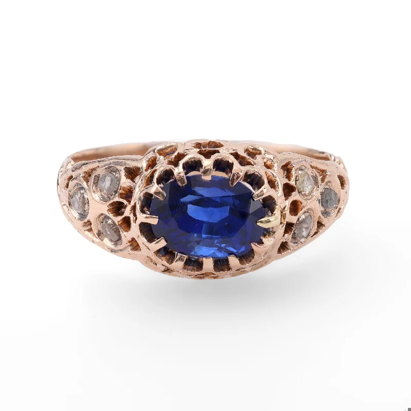 gold rings for women-Victorian Sapphire Diamond 10k Rose Gold Ring